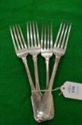 Four Victorian silver table forks.