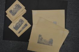 A small group unframed pencil drawings on embossed card depicting landscape scenes.
