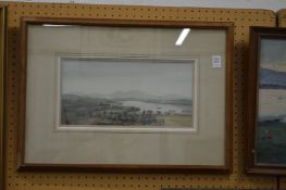 Roy Beddington, river scene with figures and cattle, watercolour.