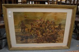 A large crimolatic print of a battle scene together with other paintings and prints.