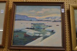 Aksel Knudsen, a fjord scene with river and melting snow, oil on board.