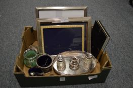 A small silver and blue glass sugar basket, a plated ink stand other items.