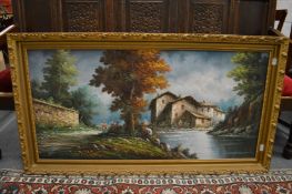 Rural river landscape with buildings and figures, oil on canvas.