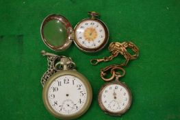 Three various pocket watches and chains.