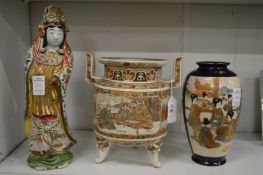 A satsuma koro, a satsuma vase and a kutani figure of a Japanese lady.
