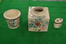 A small satsuma square shaped jar with matching pot and a little snuff box.