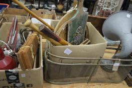 Miscellaneous collectables to include old tennis rackets, brass spark guard, gramophone horn etc.