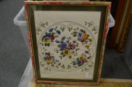 A collection of framed and glazed embroidered pictures.