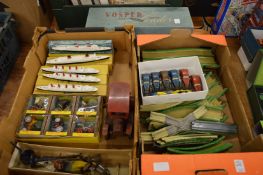 Tin plate racing cars and track, five Tri-ang Minic cast metal ships, boxed and other items.