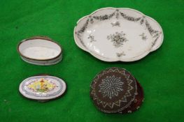 A small enamel box, a porcelain tray and a beadwork box.