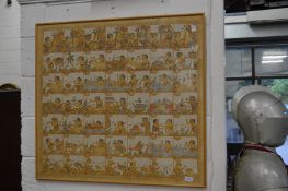 An Eastern painting on fabric depicting people and mythological beasts.