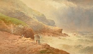 William Cook of Plymouth (act.1870-1890) Fisherman on a rocky coastline with a rough sea and storm