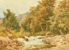 George Hodgson (1847-1921) British, 'At Newlyn', a stone bridge over a river, along with another