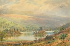 Ebenezer Alfred Warmington (1830-1903) British, a man and his dog by a mountain lake, watercolour,