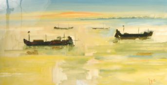 Thea Soggot (b. 1956) South African, moored boats with a headland beyond, mixed media, signed, 15.