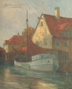 Lars Kliim (1891-1942) Danish, A Dutch barge moored alongside a house on the canal, oil on canvas,