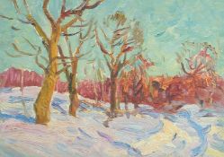 Mid-20th Century Russian School, trees in a winter landscape, oil on board, signed in Cyrillic