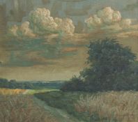19th Century Scandinavian School, A track through a field with extensive countryside beyond, oil