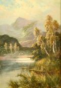 Sidney Yates Johnson (19/ 20th Century) A tranquil landscape with trees and water with mountains
