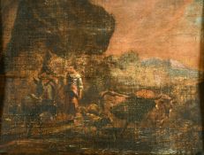 An early oil painting, Figures with animals, oil on canvas laid on board, 10.75