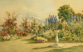 Ella du Cane (1874-1943) British, 'Delphiniums and Crimson Rambler with Mountains', watercolour,