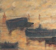Mid-20th Century Continental School, barges on a river at dusk, oil on canvas, 12.5