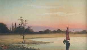 English School, A pair of river scenes with a sailing boat and sunset beyond, watercolours both