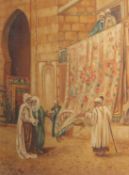 Continental School circa 1900, The rug sellers, a scene of figures holding rugs on display being