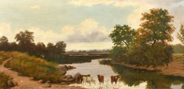 E. Lancaster (circa 1887) 'Near Boxhill, Surrey', A scene of an angler and cattle by a river, oil on