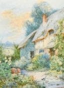 Theresa S. Stannard (1898-1947) British, 'In granny's garden', A thatched cottage with summer