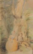 A 19th Century watercolour of a young couple seated in a landscape, 7.25