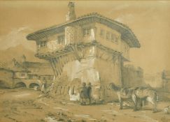 Continental School, Circa 1843, figures and their horses on the edge of a town, pencil with white,