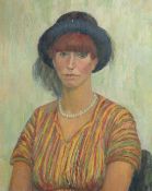 Attributed to Lorna Rowland, A portrait of a woman wearing a blue hat and stripped blouse, oil on