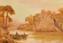 Stuart Lloyd (1875-1929) British, 'Chepstow', Fishermen with boats moored by the river bank, old