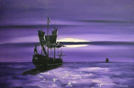 Gooden, A Man-of -War in a mauve sea and sky, oil on canvas, signed, 20