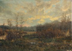19th Century, A scrubland clearing at sunset, oil on canvas, 16