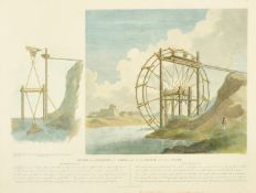 An antique hand-coloured engraving of a Chinese water wheel, 14.5