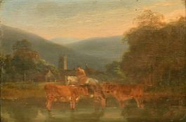 Mid-19th Century, cattle watering in a pond by a rider on horseback with a church spire beyond,