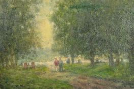 William Mason (1906-2002) Figures walking in a park, oil on canvas, signed with initials, 12
