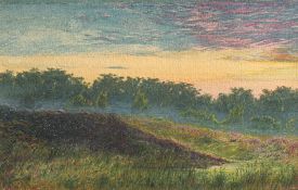 M.A. Langdale (19th Century) Sunset over a heathland, signed and dated 1876, label verso, 4.5