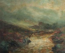 John Falconar Slater (1857-1937) British, a mountain river surrounded by fog, oil on canvas, signed,
