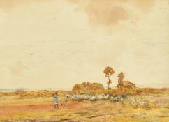 Claude Hayes (1852-1922) British, Shepherd and flock in an open landscape, watercolour, signed, 9.5