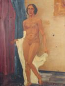Nishi Kawa (20th Century) A standing female nude, oil on canvas, signed, 31.5