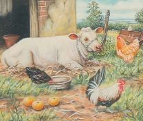 Christopher Whitford, Calf and chickens and a farmyard scene with calf, pig and chickens,