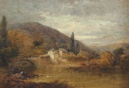 19th Century English School, wayfarers crossing a bridge approaching a village, oil on canvas, 10