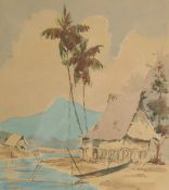 Abu Bakar Ibrahim (1925-1977) Malaysian, Dwellings with palm trees and a boat and mountain beyond,