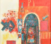 Circle of Charles MacQueen (b. 1940) composition with building, mixed media, 20