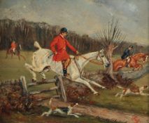 German School, (19th Century) A fox hunting scene, oil on board, initialled, inscription verso,