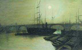 Manner of Grimshaw, A moonlit river scene with moored boats and barges, oil, bears signature, 17.25