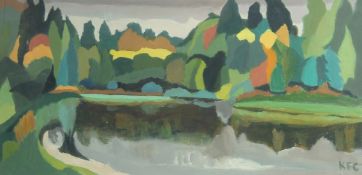 Kathleen Clarkson, Thought to be the river Rother, Rogate, West Sussex, oil on canvas, initialled,